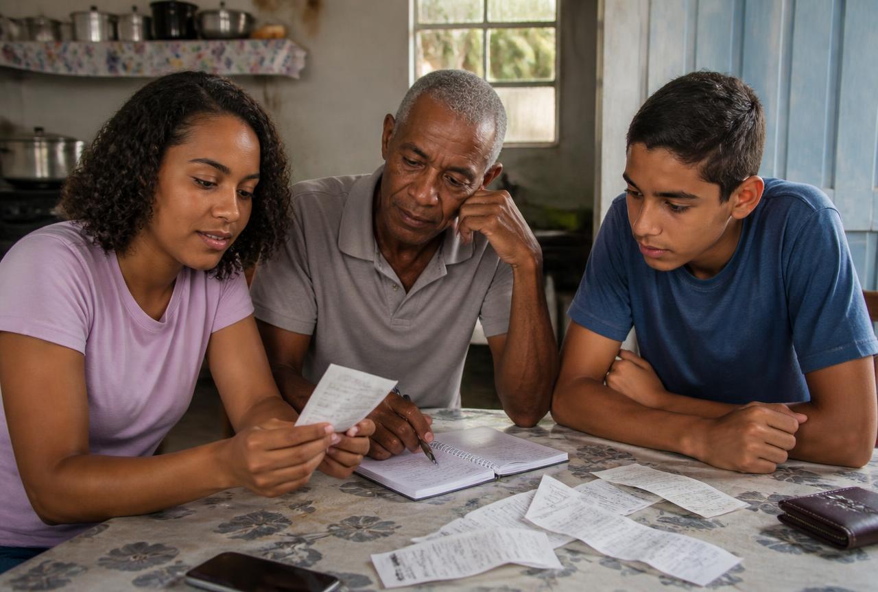 Família brasileira aprendendo sobre impostos e transparência tributária