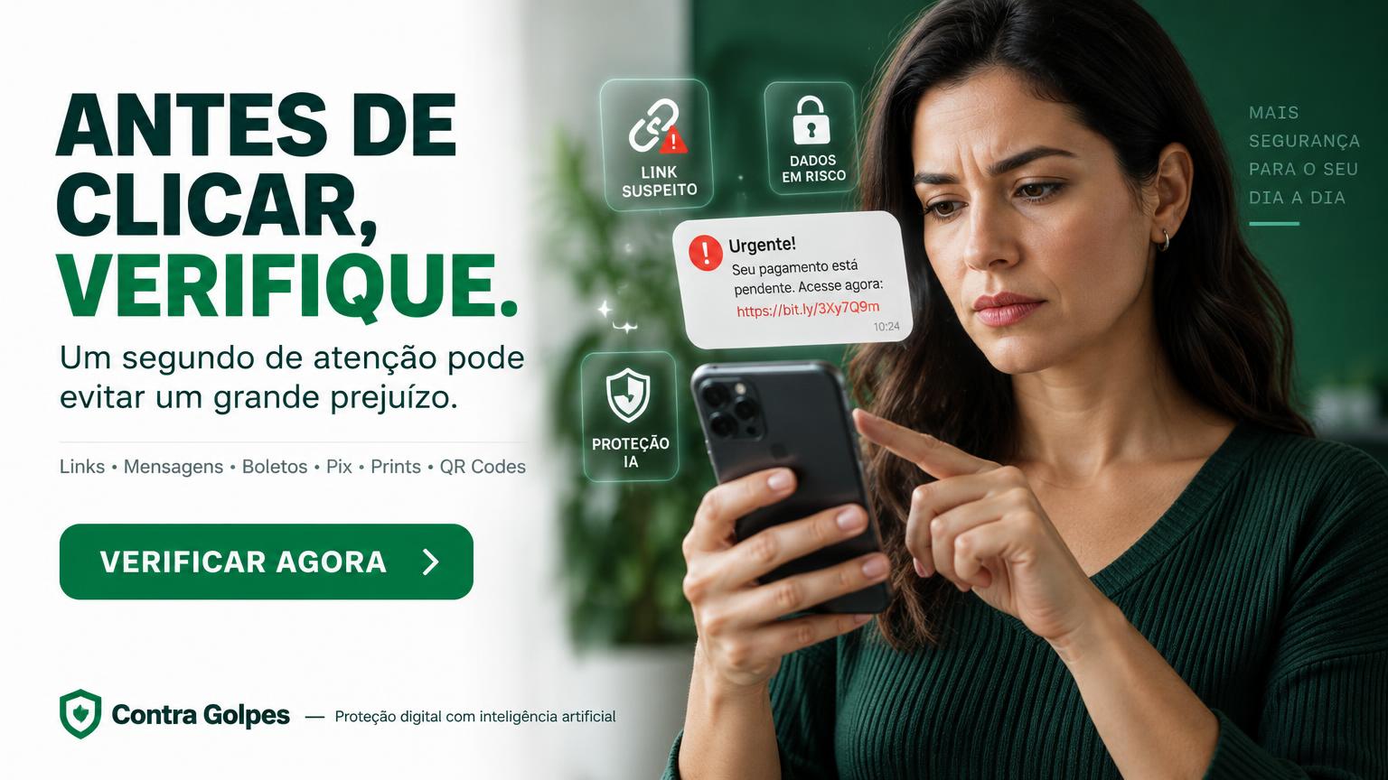 Pessoa segurando o celular com atenção antes de tocar em um link suspeito