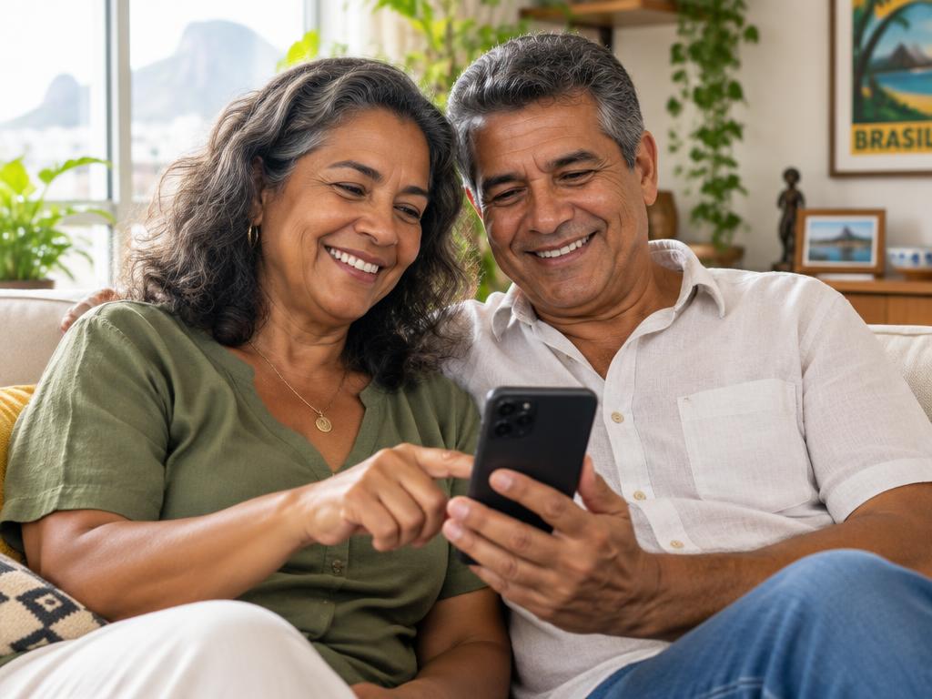 Casal brasileiro sorrindo enquanto usa o aplicativo no celular